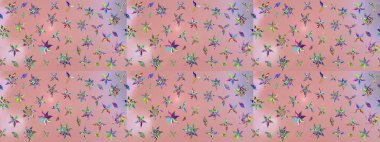 Patlayan çiçekler soyut olarak yerleştirilmiş. Raster deseni. Yumuşak, bahar çiçekleri tarafsız ve pembe renklerde. Raster illüstrasyonu.