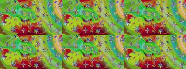 Raster düz çiçek çizim deseni. Hediye ambalaj kağıdı, tebrik kartları, posterler ve pankart tasarımı. Yeşil ve kırmızı renkte çiçekler.