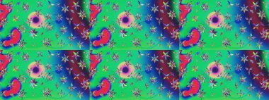 Çiçeksel fantezi tasarımı ve parlak bir arka plan çizimi. Renkli Bahar Teması eskiz kalıbı. Düz Çiçek Elementleri Tasarımı.