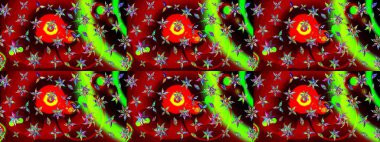 Raster illüstrasyonundaki çiçek desenli çizim. Kırmızı ve yeşil renkte çiçekler.