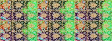 Yeşil renklerdeki altın element. Barok tarzında altın çiçekli süs. Antika altın tekrarlanabilir duvar kağıdı. Şam çizimi tekrarlanan desen.