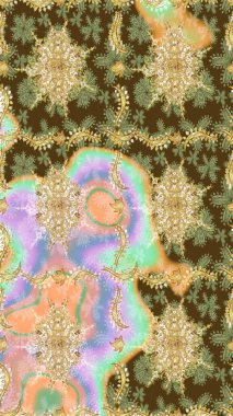 Raster illüstrasyonu. Geleneksel oryantasyon süsü. Tarafsız renklerde altın elementlerle çizim. Klasik klasik klasik arka plan. Klasik Raster altın desenini çiz.