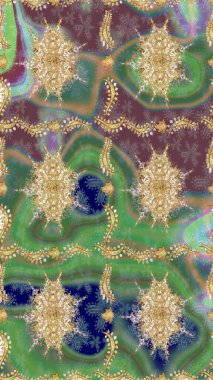 Klasik oryantal desen yeşil renklerden üstündür. Geleneksel raster ve altın desen. Damask taslak süsü.