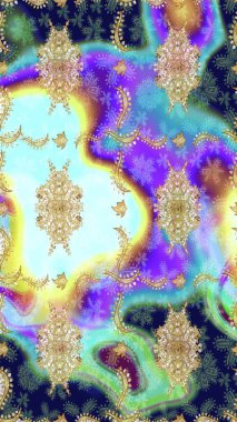 Duvar kâğıdı barok, İspanyol kumaşı. Şık bir grafik desen. Çiçek deseni. Skeç raster arka planı. Tarafsız renklerdeki altın elementler.