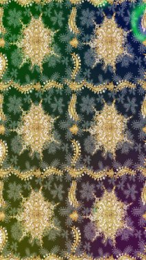 Kraliyet lüksü, altın barok kumaş rengi eskiz. Raster eskiz deseni altın antika ortaçağ dekoratifi, yapraklar ve yeşil renkli altın desenli süslemeler..