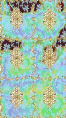 Klasik çiçek dokusu. Altın şablon. Raster illüstrasyonu. Eskiz kalıbı altın elementler. Kart, duvar kağıdı, ambalaj ve tekstil için klasik tasarım. Tarafsız renklerde Royal retro.