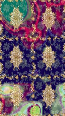 Raster eskiz deseni, altın antika ortaçağ dekoratifi, yapraklar ve mavi renklerde altın desenli süslemeler. Kraliyet lüksü, altın barok kumaş rengi..