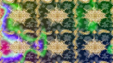 Süslü dekorasyon. Damask altın soyut çiçek deseni yeşil renklerde. Raster illüstrasyonu.