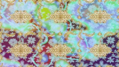 Altın elementlerle nötr renklerde altın desen. Süslü raster dekorasyonu. Barok biçiminde duvar kağıdı tasarımı için şablon çizimi arkaplanı.