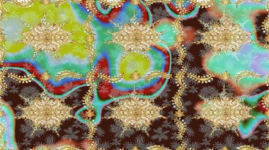 Çizim altın desenli bukleler. Doğu tarzı arabesk. Raster altın desen. Altın elementli kahverengi renkler. Raster illüstrasyonu.