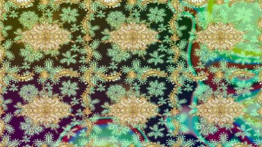 Yeşil renklerdeki altın element. Damask çizimi tekrarlanıyor. Barok tarzında altın çiçekli süs. Antika altın tekrarlanabilir duvar kağıdı.