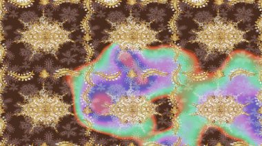 Kahverengi renklerde altın. Raster illüstrasyonu. Doğum günü kartı, davetiye ya da afiş için iyidir. Ortaçağ çiçek desenini çiz. Dekoratif simetri arabesk.