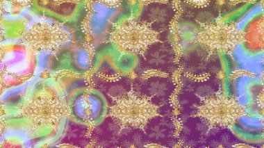 Doğum günü kartı, davetiye ya da afiş için iyidir. Tarafsız renklerde altın. Dekoratif simetri arabesk. Raster illüstrasyonu. Ortaçağ çiçek desenini çiz..