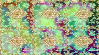 Altın elementlerle nötr renklerde altın desen. Süslü raster dekorasyonu. Barok biçiminde duvar kağıdı tasarımı için şablon çizimi arkaplanı.