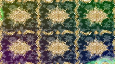 Altın elementlerle yeşil renklerde altın desen. Klasik altın desenli çizim. Raster geleneksel oryantasyon süsü.