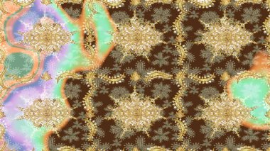 Çizim altın desenli bukleler. Raster Golden eskiz kalıbı. Kahverengi renkte çizim deseni. Doğu tarzında altın elementler arabesk.