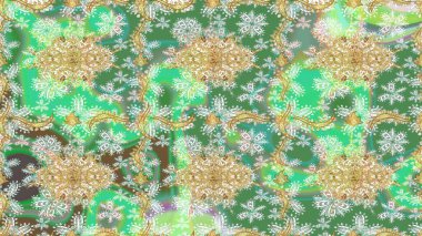 Altın elementlerle yeşil renklerde altın desen. Klasik altın desenli çizim. Raster geleneksel oryantasyon süsü.