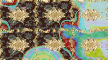 Tarafsız renklerde altın elementlerle çizim. Raster. Hassas altın deseni açın. Parlak dantel, stilize çiçekler, şal desenli. Altın desenli bukleler çiz. Doğu tarzı arabesk.