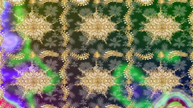 Antika altın tekrarlanabilir duvar kağıdı. Yeşil renklerdeki altın element. Damask çizim kalıbı arka planı tekrarlıyor. Barok tarzında altın çiçek süsü..