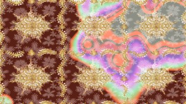 İslam tasarımı. Raster altın tekstil baskısı. Çiçek kiremitleri. Kahverengi renklerde altın desenler ve altın elementler. Çizim desenli oryantal süs.