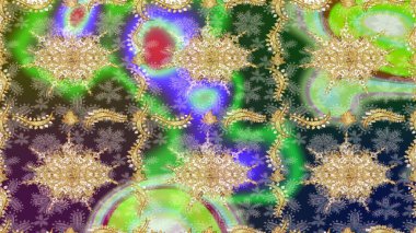 Yeşil renkler ve altın elementler üzerine çizim. Geleneksel oryantasyon süsü. Klasik klasik klasik arka plan. Klasik Raster altın desenini çiz.