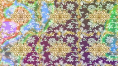 Doğu tarzı arabesk. Raster. Altın desenli bukleler çiz. Parlak dantel, stilize çiçekler, şal desenli. Hassas altın deseni açın. Tarafsız renklerde altın elementlerle çizim deseni.