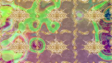 Altın şablonu çiz. Bej renkli ve altın elementli çizim deseni. Raster doğulu süsü.