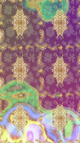 Mor renklerde altın desenler ve altın elementler. Raster klasik barok çiçek deseni altın rengi. Süslü dekorasyon. Lüks, kraliyet ve Viktorya dönemi konsepti.