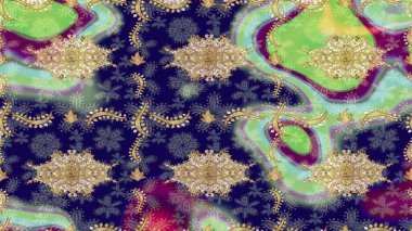 Altın elementlerle mavi renklerde altın desen. Düz elle çizilmiş klasik koleksiyon. Raster Golden eskiz kalıbı. Arkaplan, kumaş, altın duvar kağıdı.