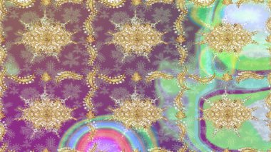 Altın elementlerle nötr renklerde altın desen. Raster altın tekstil baskısı. Eskiz desenli oryantal süs. İslam tasarımı. Çiçek karoları.