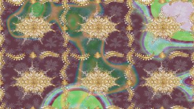 Damask çizimi tekrarlanıyor. Kahverengi renklerde altın element. Barok tarzında altın çiçekli süs. Doku arkaplanı üzerine altın duvar kağıdı.