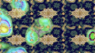 Klasik oryantal desen gri renklerden üstündür. Geleneksel raster ve altın desen. Damask taslak süsü.