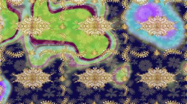 Damask çizim kalıbı arka planı tekrarlıyor. Barok tarzında altın çiçek süsü. Mavi renklerdeki altın element. Antika altın tekrarlanabilir duvar kağıdı.