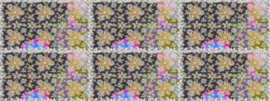 Raster altın tekstil baskısı. Gri renkli ve altın elementli altın desenli. İslam tasarımı. Çiçek kiremitleri. Kusursuz desenli oryantal süs.