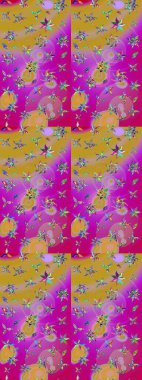 Bahar çiçekli desen dallı, morumsu ve çiçek siluetli sarı renkler. Raster deseni.