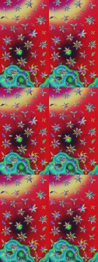 Parlak çiçekli kolaj çiçekleri kırmızı ve yeşil. Çiçekli zambakların eskiz geçmişi. Çiçek tasarımı için inanılmaz kolaj cennet tarzı..