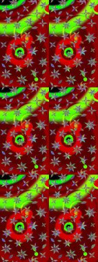 Klasik çiçek tasarımı elementleri. Kırmızı ve yeşil kıvırcık çiçekler kırmızı ve yeşil renklerde şekillenir. Raster illüstrasyonu.