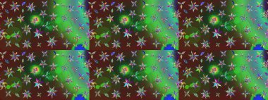 Düz Çiçek Elementleri Tasarımı. Raster illüstrasyonu. Renkli Bahar Teması eskiz kalıbı. Yeşil ve kahverengi renkte zarif çiçekler, suluboya..