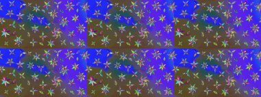 Çiçekli karalama şeklinde Raster çiçek deseni. Nazik, narin çiçek arkaplanı. Mor ve mavi renkte çiçekler.