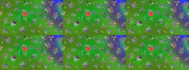 Yeşil ve mavi renkte çiçekler. Çiçekli karalama şeklinde Raster çiçek deseni. Yumuşak, yaz çiçekli arka plan.