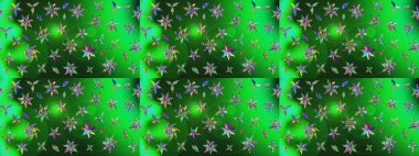 Şirin çiçek elementleri. Robot resim. Raster illüstrasyonu. Yeşil ve mavi renkte çiçekler.