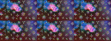 Mor ve mavi renkte etnik çiçeklerle süslenmiş zarif bir eskiz şekli. Raster Çiçek İllüstrasyon Şirin Tekstil.