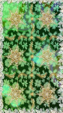 Oriental raster klasik yeşil, nötr ve altın desenli. Raster illüstrasyonu. Kusursuz soyut arkaplan.