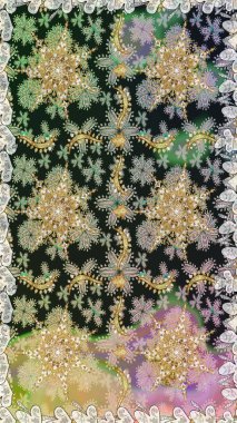 Raster altın tekstil baskısı. Gri ve nötr renklerde altın desenler ve altın elementler. Kusursuz desenli oryantal süs. İslam tasarımı. Çiçek karoları.