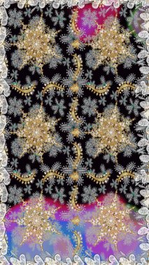 Gri ve siyah renklerde altın element. Doğu tarzı element. Altın desenli çiçek dekoru. Davetiyeler, kartlar, web sayfası için Raster illüstrasyon. Çizgi sanatı tasarım şablonu için sınırsız sınır.