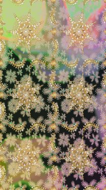 Kusursuz altın desenli bukleler. Raster. Parlak dantel, stilize çiçekler, şal desenli. Gri renklerde, altın elementlerle kusursuz desen. Hassas altın deseni açın. Doğu tarzı arabesk.