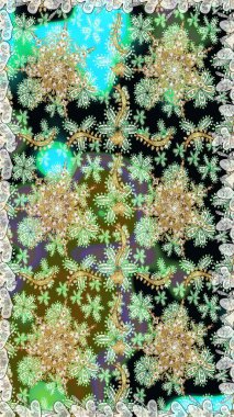 Tarafsız ve altın elementli yeşil renklerde altın desen. Klasik klasik klasik arka plan. Geleneksel oryantasyon süsü. Kusursuz klasik raster altın desenli.