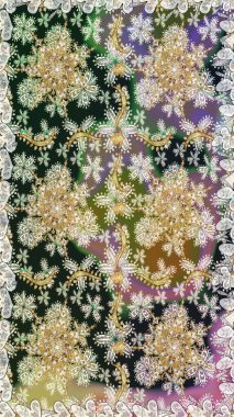 Kusursuz kraliyet lüksü, altın barok kumaş rengi. Altın antika ortaçağ dekoratifi, yapraklar ve altın desenli süslemelerle renksiz ve gri renklerde..