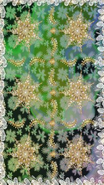 Çiçek süsü kumaş deseni, cam, çiçek desenli metal gri ve yeşil renklerde altın elementler. Klasik raster altın pürüzsüz desen.