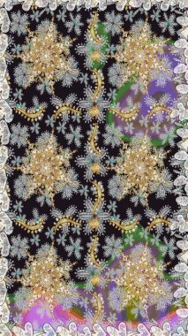 Altın karalama fantezi yapraklarından Raster soyut çiçek çelengi ve gri ve nötr renklerde çiçek. El yapımı dekoratif çerçeve, albüm kapağı, tebrik kartı, klasik Art deco tarzı.